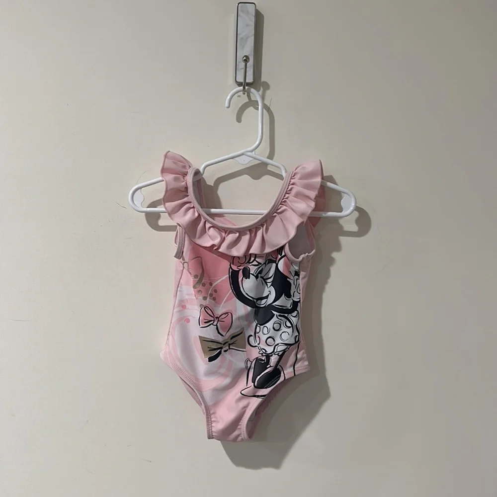 • Disney • Girls Minnie Mouse One Piece Swimsuit Pink / White 2